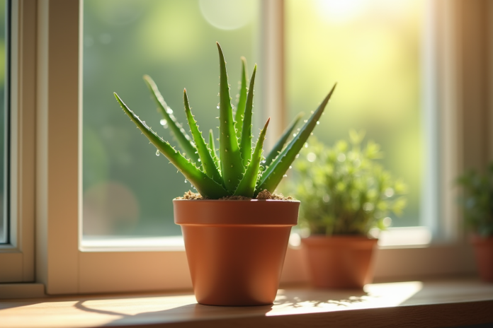 plante-aloe-vera-pot-terre Aloe vera plantée dans un petit pot en terre cuite sur une fenêtre lumineuse