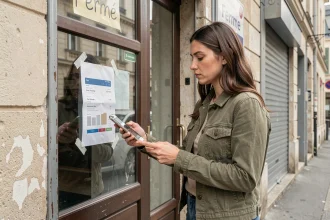 Femme tenant un smartphone devant un point relais GLS fermé avec affichage d'avis de fermeture sur la porte