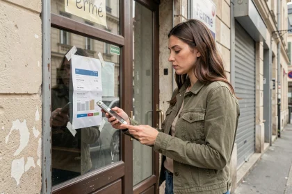 Femme tenant un smartphone devant un point relais GLS fermé avec affichage d'avis de fermeture sur la porte