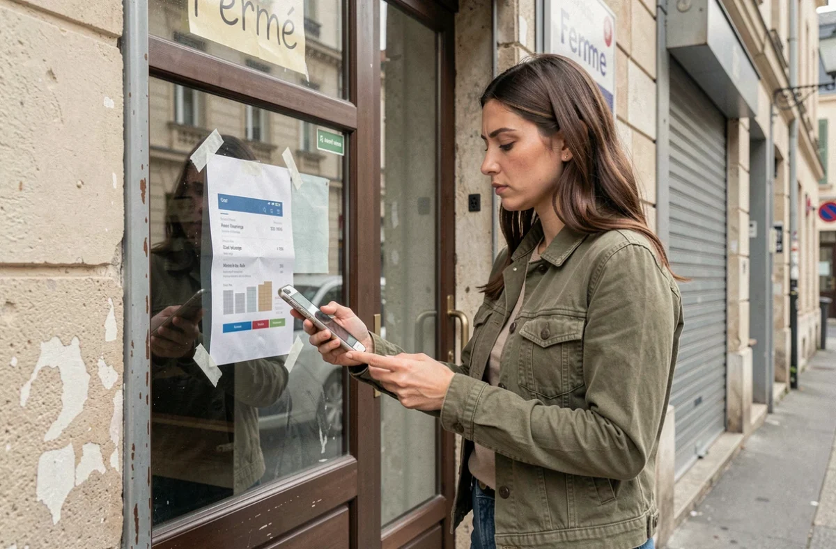 Femme tenant un smartphone devant un point relais GLS fermé avec affichage d'avis de fermeture sur la porte