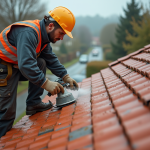Ouvrier couvreur appliquant un hydrofuge sur un toit rouge
