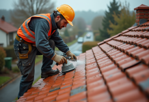 Pourquoi le tarif pour le nettoyage de toiture avec hydrofuge fluctue-t-il autant ? Ouvrier couvreur appliquant un hydrofuge sur un toit rouge