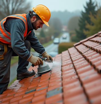 Pourquoi le tarif pour le nettoyage de toiture avec hydrofuge fluctue-t-il autant ? Ouvrier couvreur appliquant un hydrofuge sur un toit rouge