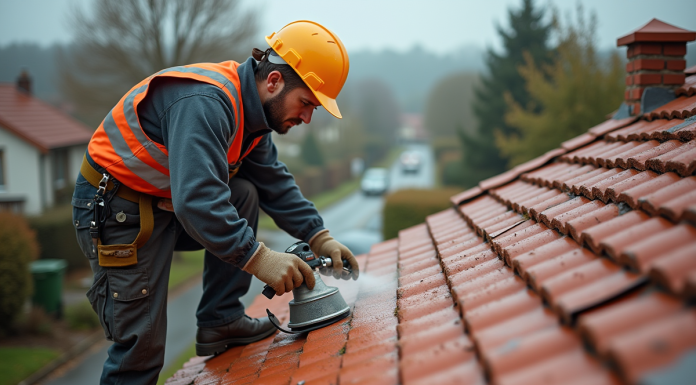 Ouvrier couvreur appliquant un hydrofuge sur un toit rouge
