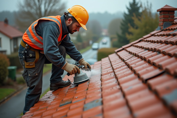 poseur-isolation-toit-rouge Ouvrier couvreur appliquant un hydrofuge sur un toit rouge