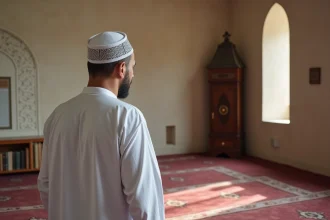 Homme en tenue traditionnelle dans une salle de prière d'une mosquée à Reims, illustrant l'heure de la prière islamique selon les écoles juridiques