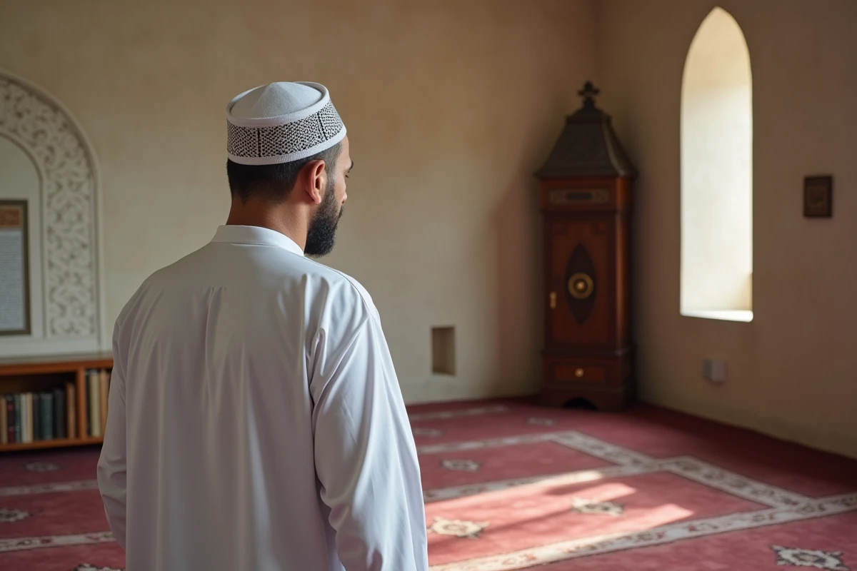 Homme en tenue traditionnelle dans une salle de prière d'une mosquée à Reims, illustrant l'heure de la prière islamique selon les écoles juridiques
