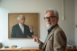 Professeur d'art devant la reproduction de Ceci n'est pas une pipe de Magritte dans une salle de cours universitaire