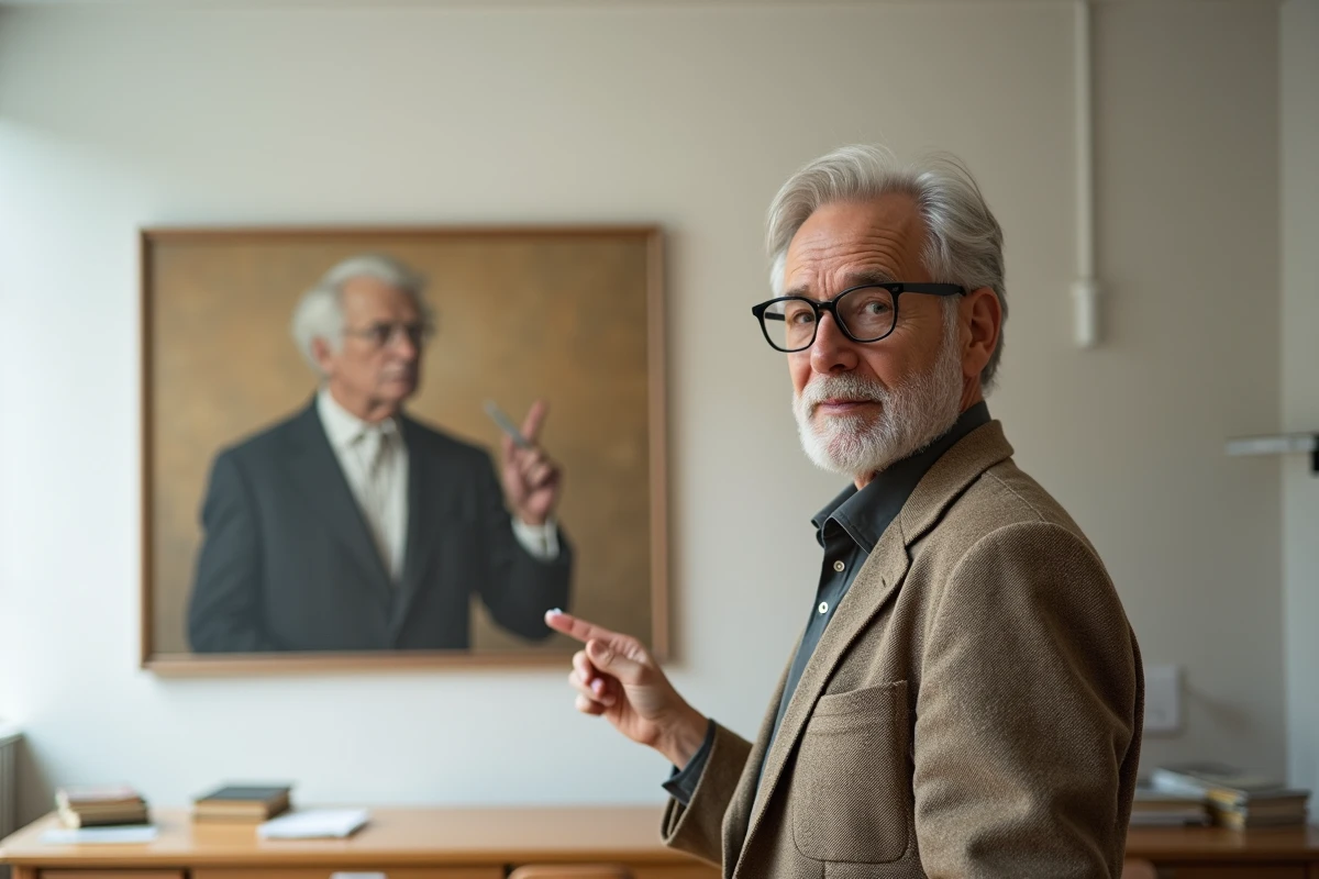 Professeur d'art devant la reproduction de Ceci n'est pas une pipe de Magritte dans une salle de cours universitaire