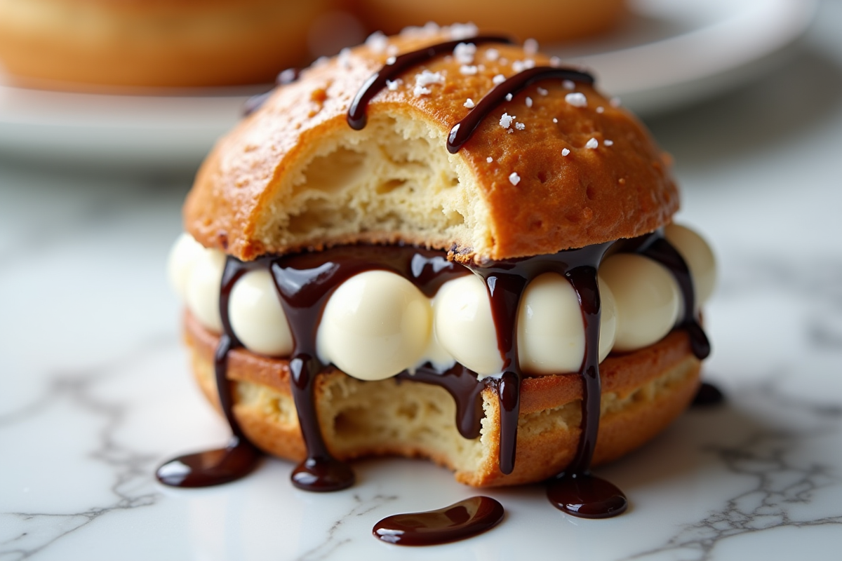 Profiterole coupé avec glace vanille et sauce chocolat
