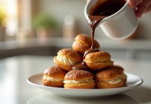 Profiteroles empilés avec sauce chocolat chaude versée
