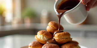 Profiteroles empilés avec sauce chocolat chaude versée
