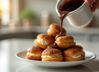 Recette de profiteroles au chocolat : sublimer votre dessert avec une sauce chocolat maison Profiteroles empilés avec sauce chocolat chaude versée