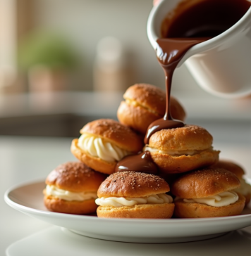 Profiteroles empilés avec sauce chocolat chaude versée