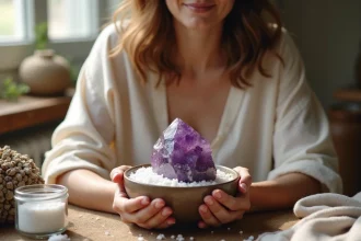 Femme purifiant une améthyste brute dans un bol de sel marin sur une table en bois naturel