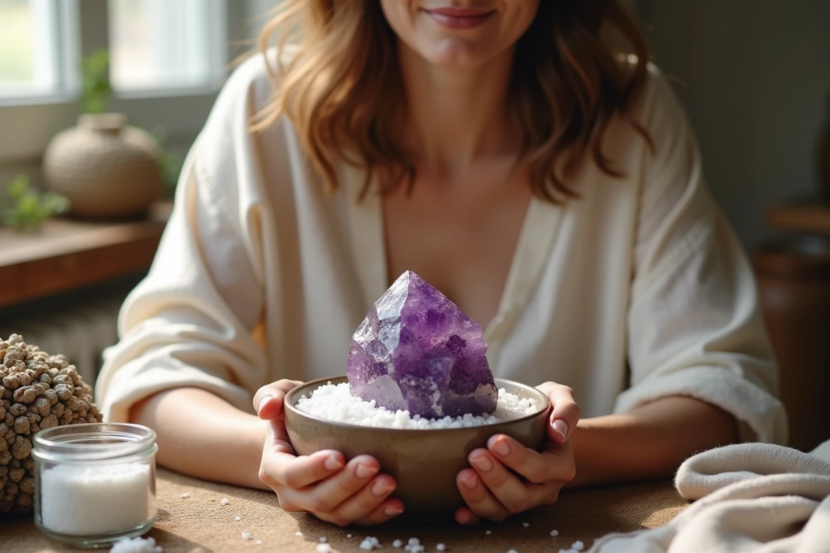 Femme purifiant une améthyste brute dans un bol de sel marin sur une table en bois naturel