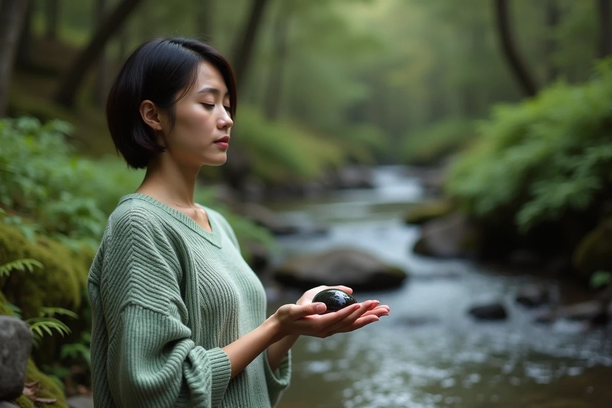 Jeune femme purifiant un quartz fumé dans l'eau courante d'un ruisseau en forêt