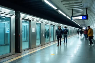 Quai de la ligne 14 du métro parisien avec portes palières automatiques et voyageurs en attente