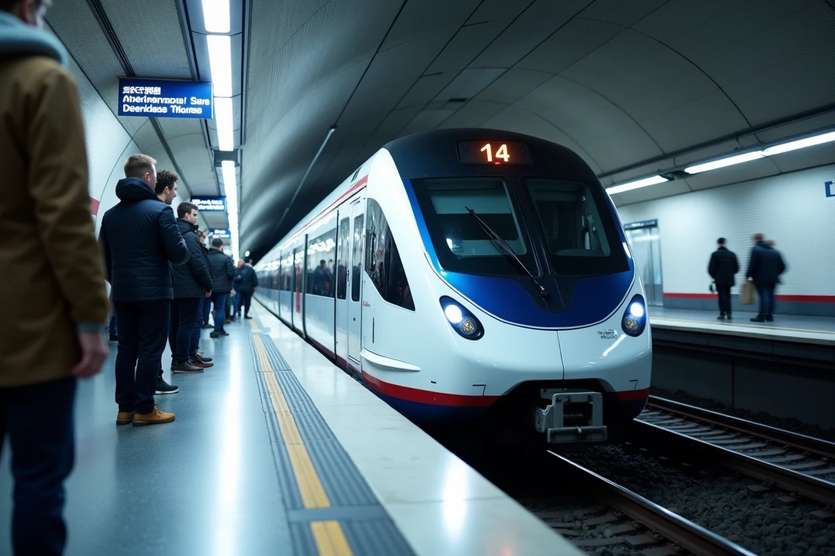 Rame automatique de la ligne 14 du métro parisien entrant en station avec des passagers sur le quai