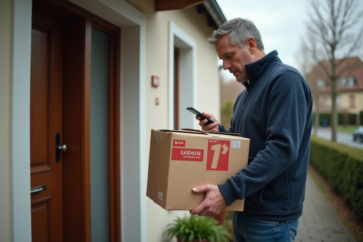 Homme recevant un colis La Poste devant sa porte avec notification de livraison sur téléphone