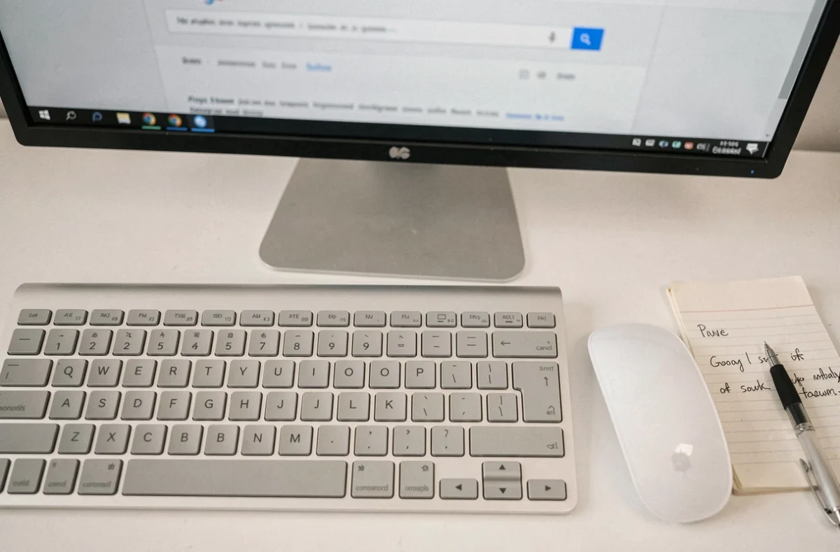 Gros plan sur un clavier et une barre de recherche Google ouverte sur écran, évoquant une requête mystérieuse