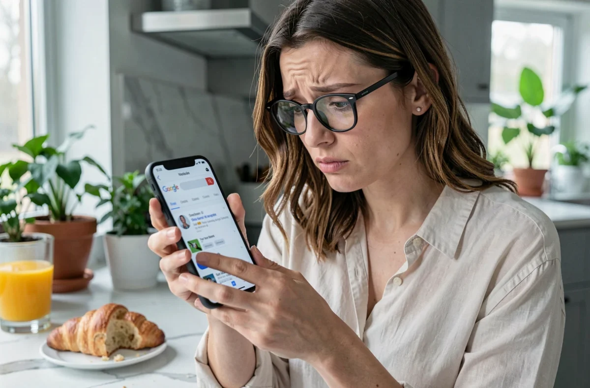 Femme consultant les résultats Google sur son smartphone dans une cuisine moderne avec une expression perplexe