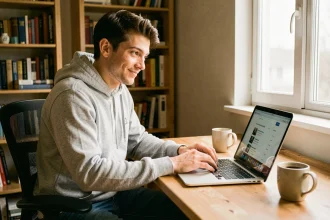 Jeune homme tapant une recherche sur Google avec une expression intriguée devant son ordinateur portable