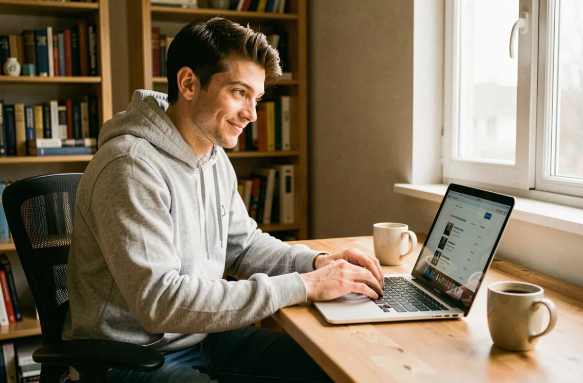 Jeune homme tapant une recherche sur Google avec une expression intriguée devant son ordinateur portable