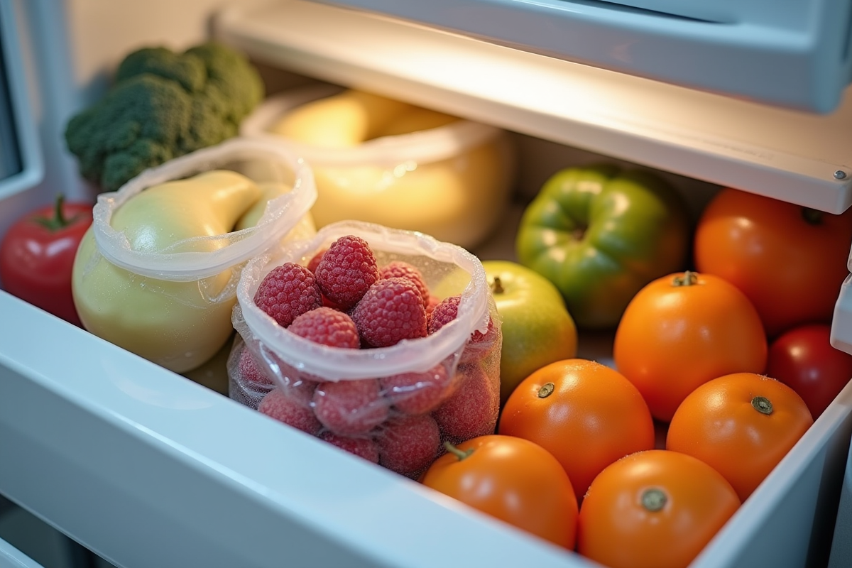 Tiroir de réfrigérateur moderne avec fruits et légumes en sacs ziplock