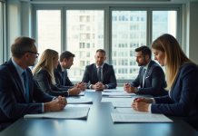 Réunion dans un bureau lumineux avec des professionnels en réunion