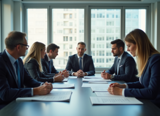 Réunion dans un bureau lumineux avec des professionnels en réunion