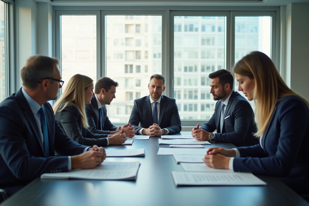 Réunion dans un bureau lumineux avec des professionnels en réunion