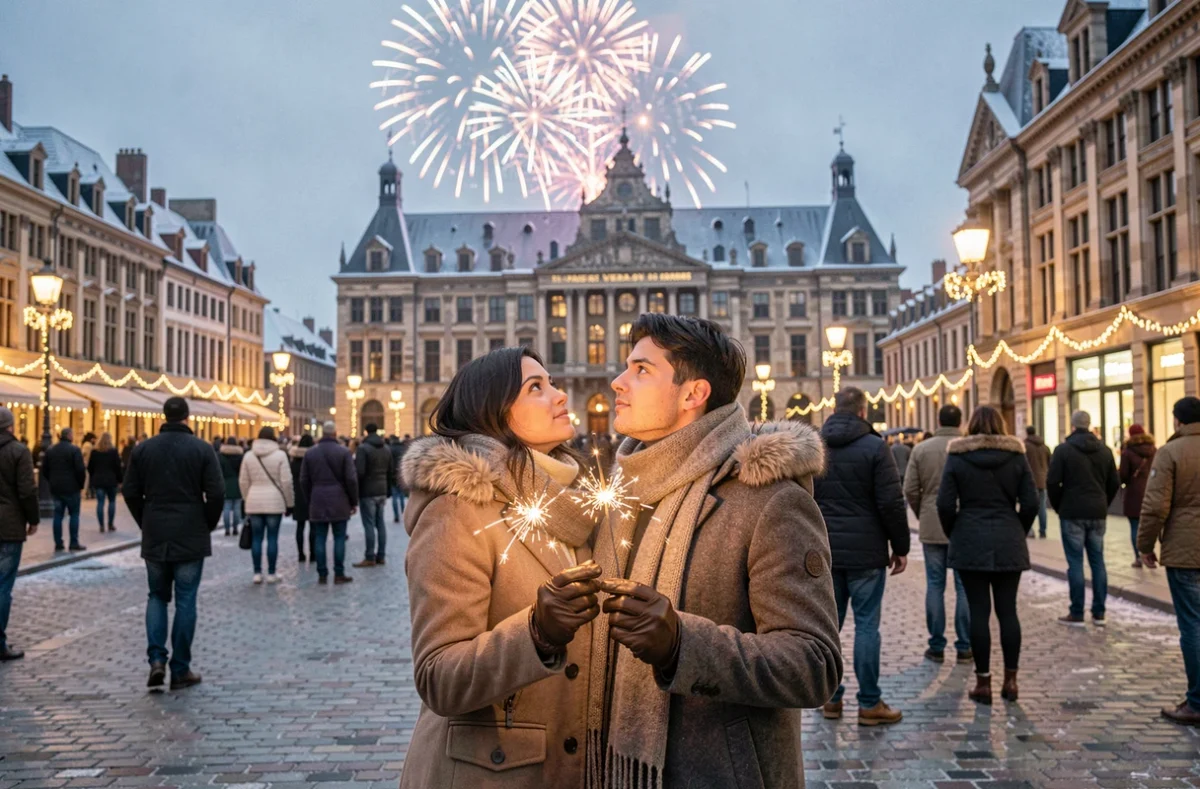 Couple avec des cierges magiques sur la Grand Place de Lille lors du réveillon du Nouvel An 2026 avec feux d'artifice