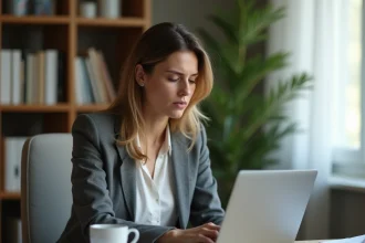 Femme consultant les rumeurs en ligne sur un ordinateur portable dans un bureau à domicile, illustrant la propagation des fausses informations sur les réseaux sociaux