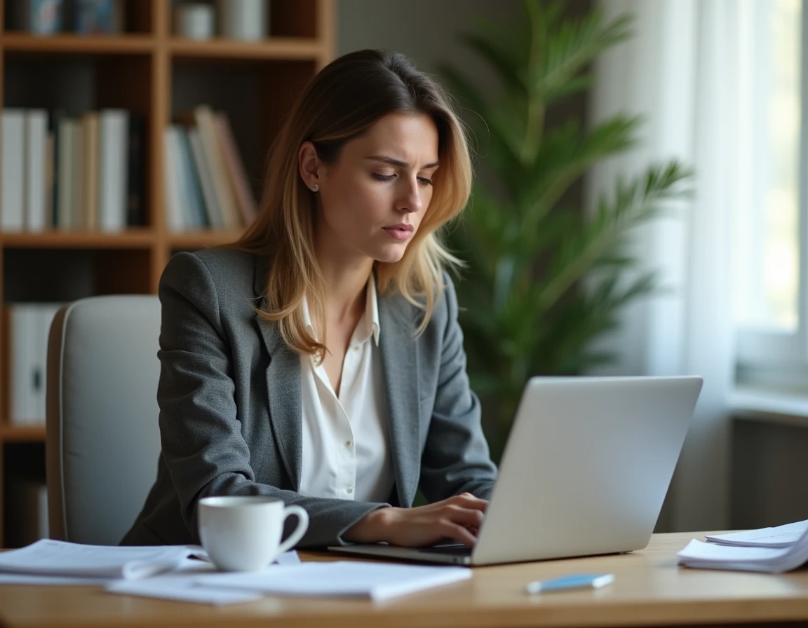 Femme consultant les rumeurs en ligne sur un ordinateur portable dans un bureau à domicile, illustrant la propagation des fausses informations sur les réseaux sociaux