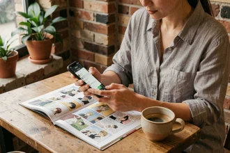 Femme utilisant son smartphone pour scanner un manga dans un café urbain avec application de scan sur écran