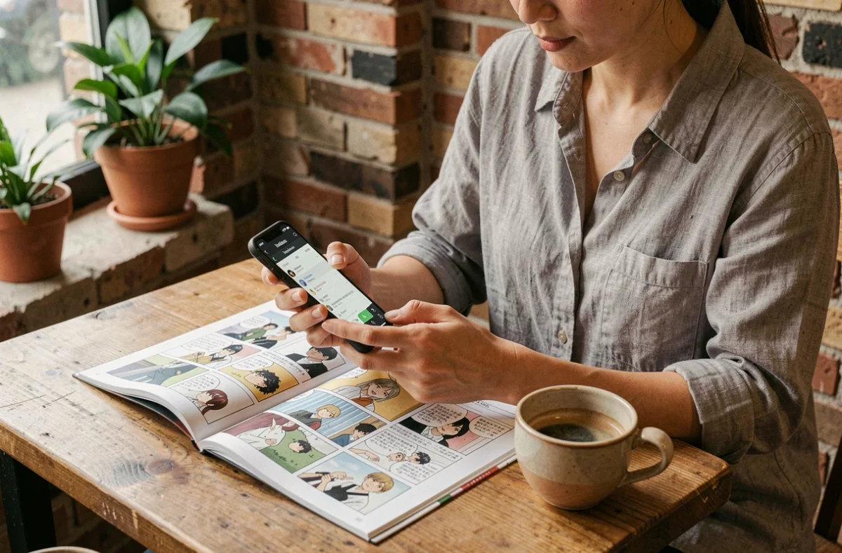 Femme utilisant son smartphone pour scanner un manga dans un café urbain avec application de scan sur écran