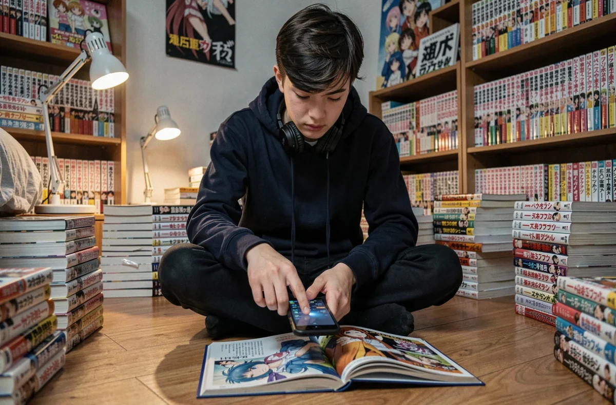 Adolescent scannant un manga avec son téléphone dans une chambre remplie de volumes de manga sur des étagères