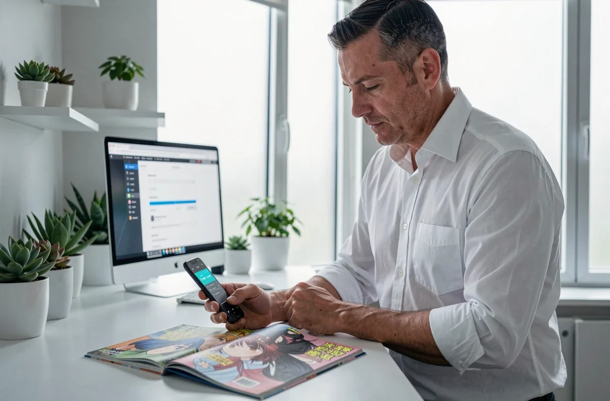 Homme scannant un manga avec son téléphone portable dans un bureau moderne à domicile, application de numérisation visible