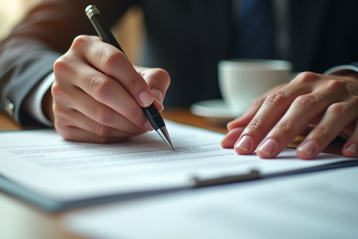 Main signant un contrat sur un bureau en bois avec documents