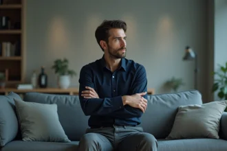 Homme aux bras croisés regardant ailleurs avec une expression froide et distante, illustrant le silence d'un narcissique