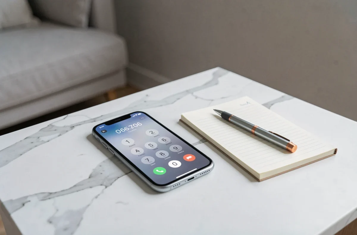 Smartphone affichant un numéro inconnu en 06 posé sur un bureau avec un carnet, pour illustrer la recherche par annuaire inversé