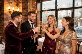 Groupe d'amis célébrant le réveillon du Nouvel An 2026 dans une brasserie chaleureuse de Lille avec champagne et confettis