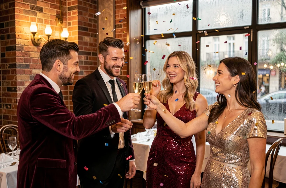 Groupe d'amis célébrant le réveillon du Nouvel An 2026 dans une brasserie chaleureuse de Lille avec champagne et confettis