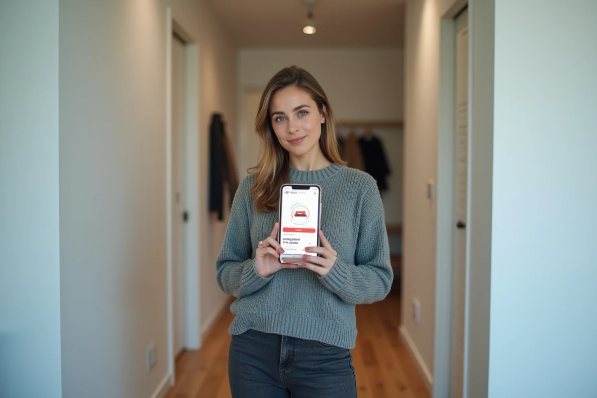 Femme consultant le suivi de colis DPD sur son smartphone dans un couloir d'appartement moderne