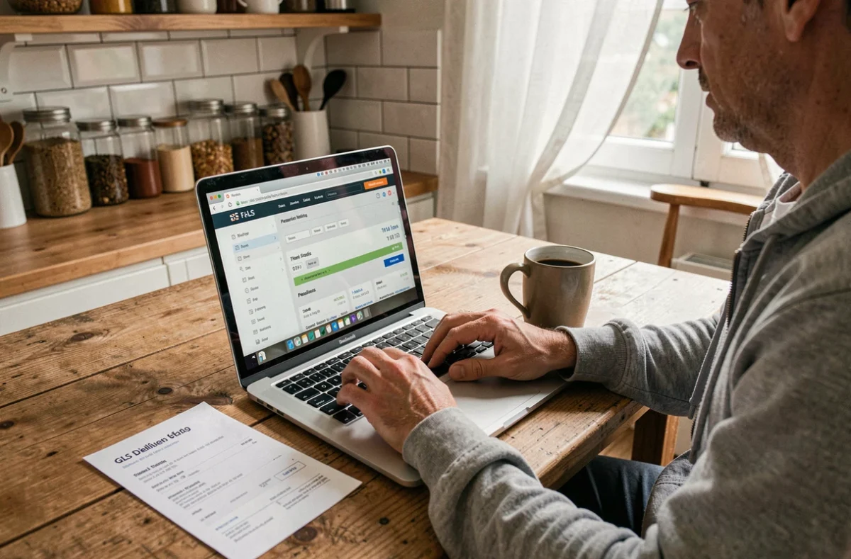 Homme consultant le suivi de colis GLS sur un ordinateur portable avec avis de passage sur une table de cuisine