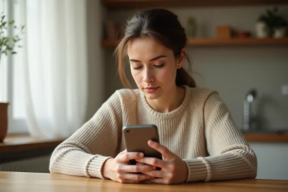 Femme consultant le suivi de colis La Poste sur son smartphone à la maison