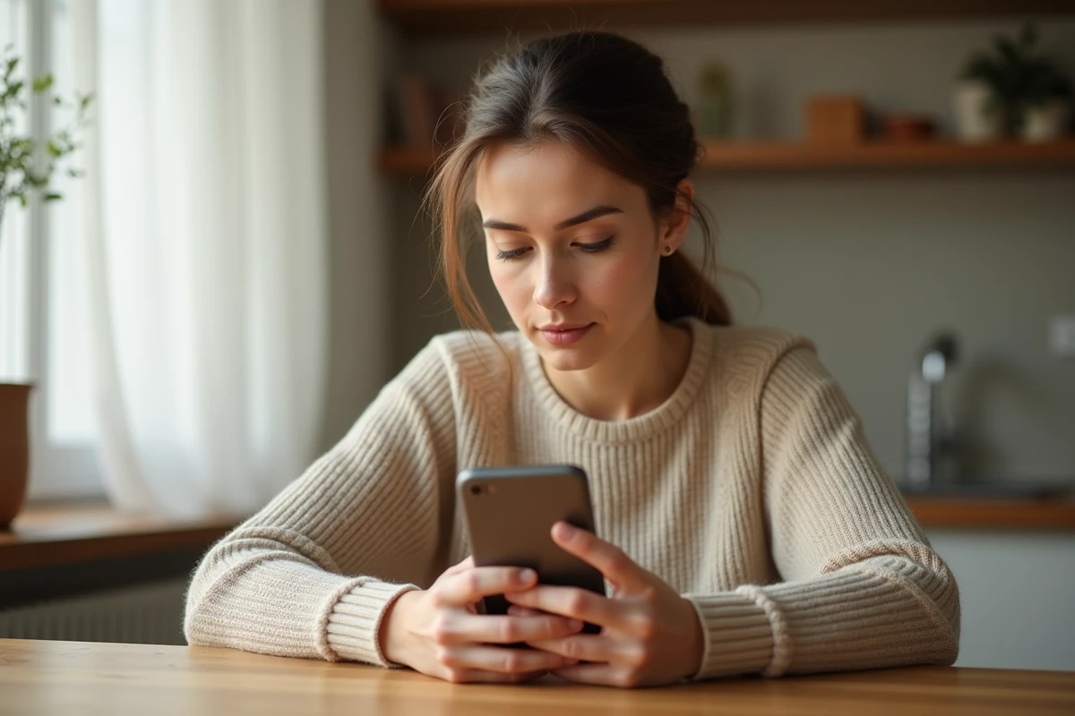 Femme consultant le suivi de colis La Poste sur son smartphone à la maison