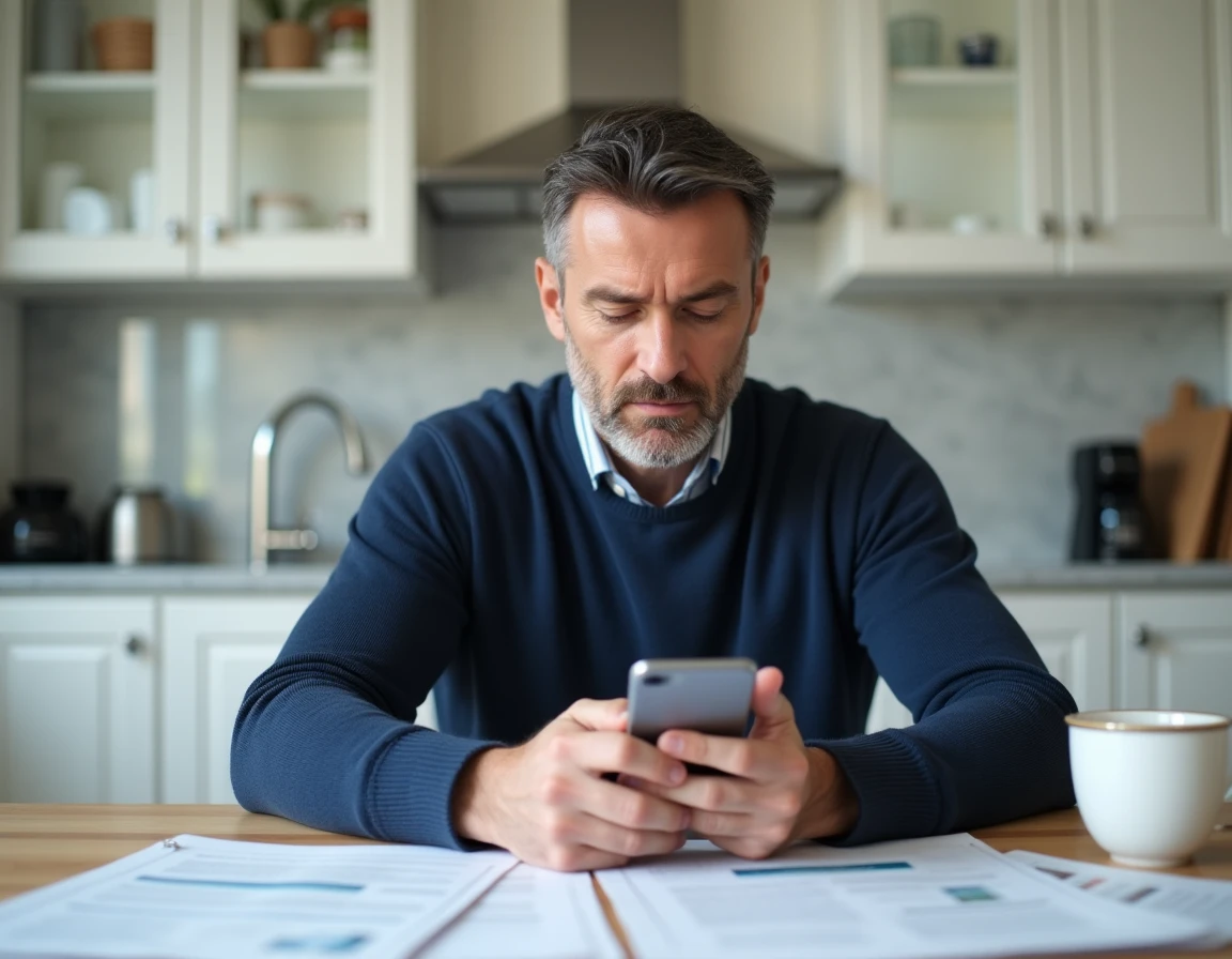 Homme consultant des documents administratifs familiaux et son smartphone à la table de cuisine pour suivre des dossiers ANEF