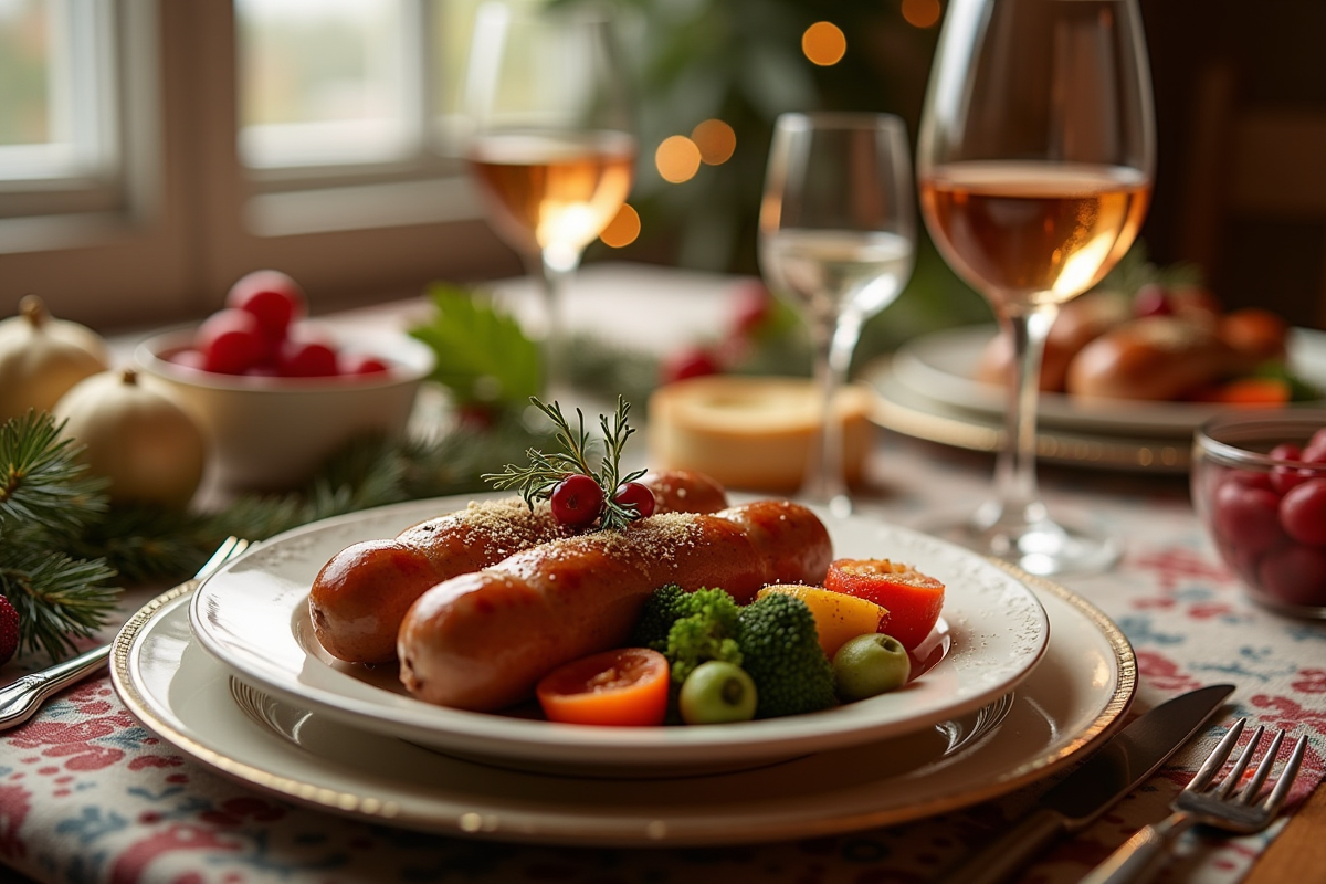 Table de fête avec boudin blanc et légumes d